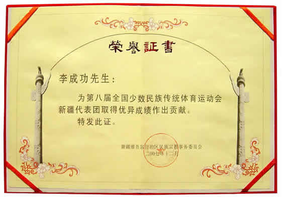 李成功先生為第八屆全國少數民族傳統體育運動會新疆代表團取得優異成績作出貢獻
